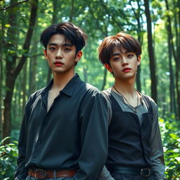 Taehyung and Jungkook from BTS in a forest setting, portrayed as an alpha and omega couple