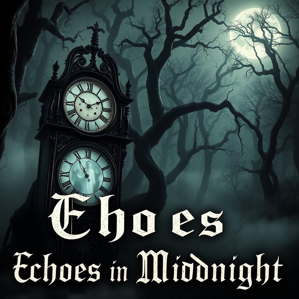 A haunting horror book cover titled 'Echoes in the Midnight'