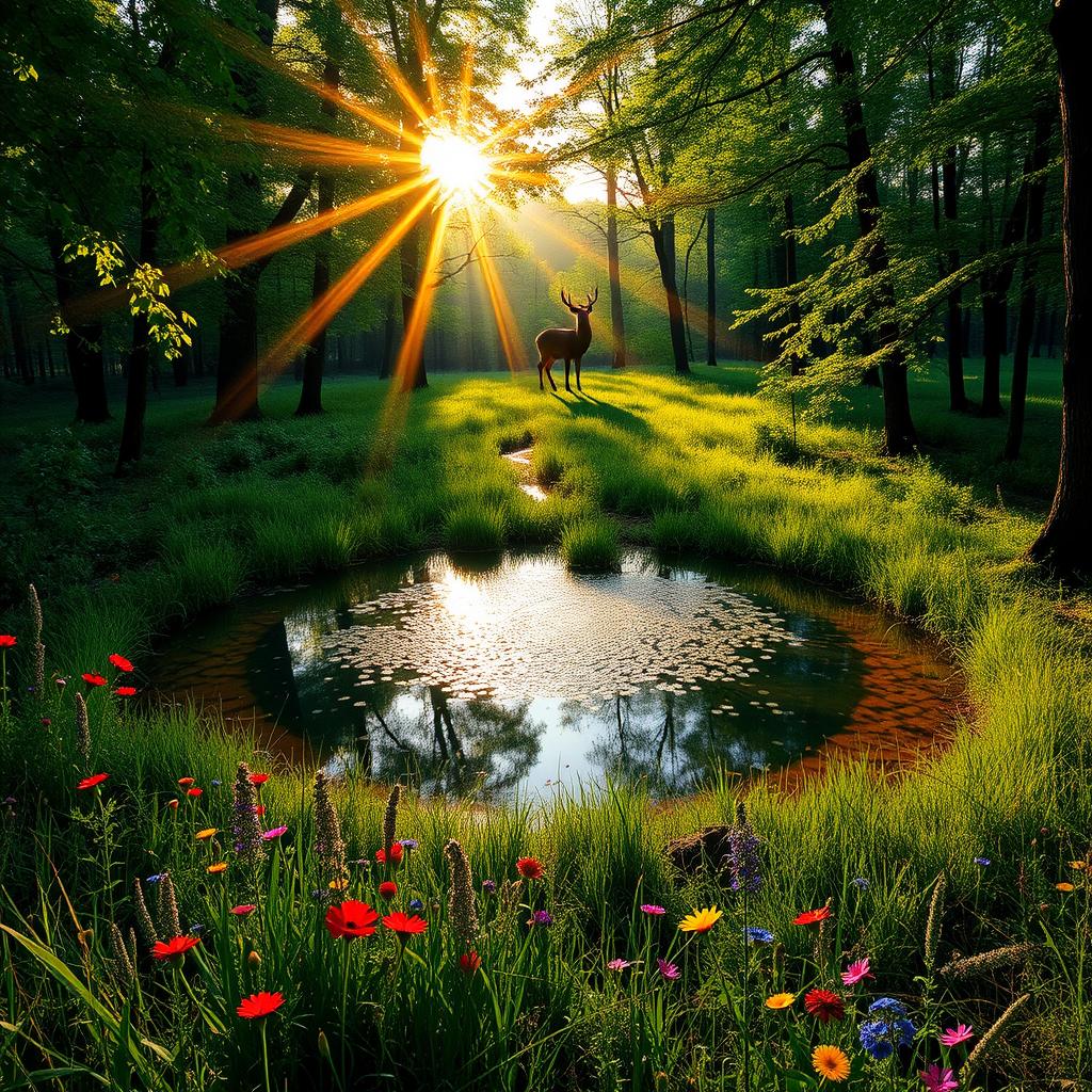 A serene forest glade at sunrise, with sunrays filtering through the lush green leaves