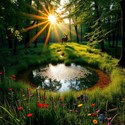 A serene forest glade at sunrise, with sunrays filtering through the lush green leaves