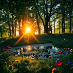 A serene forest glade at sunrise, with sunrays filtering through the lush green leaves