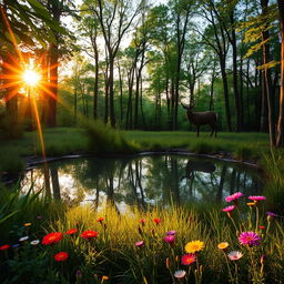 A serene forest glade at sunrise, with sunrays filtering through the lush green leaves