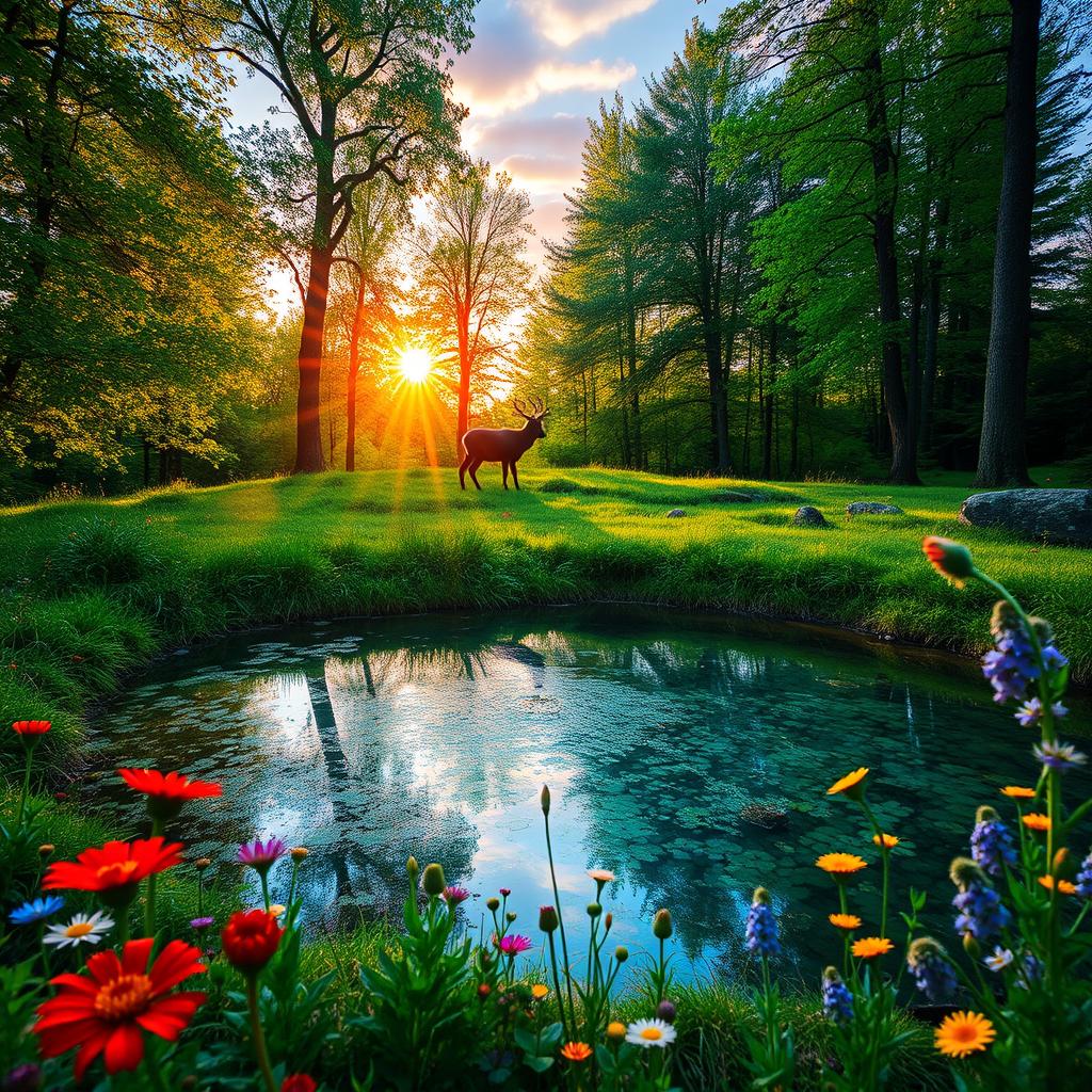 A serene forest glade at sunrise, with sunrays filtering through the lush green leaves