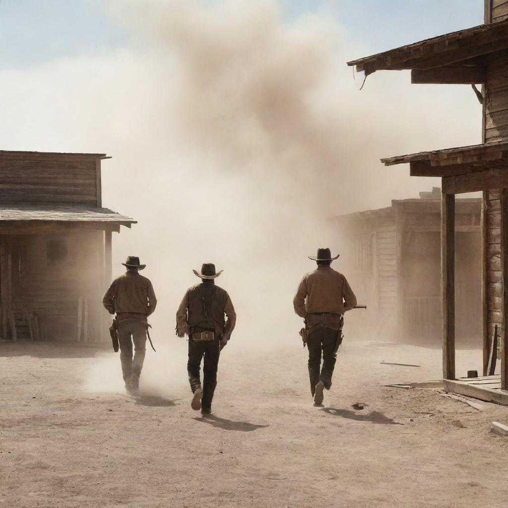 Dramatic scene of a gunfight in an old American West town, with gruff cowboys taking cover behind wooden structures, dust swirling around and tense atmosphere.