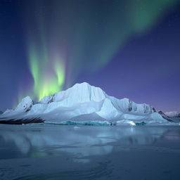 Giant, majestic ice mountain illuminated by the soft glow of the northern lights