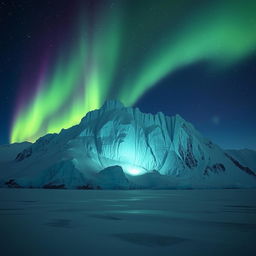 Giant, majestic ice mountain illuminated by the soft glow of the northern lights