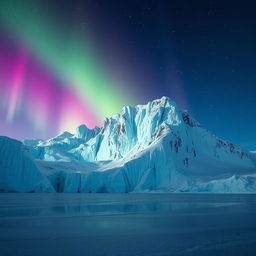 Giant, majestic ice mountain illuminated by the soft glow of the northern lights