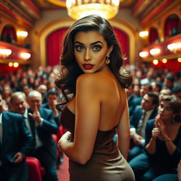 A beautiful and sexy actress enters a crowded theater with a startled expression, wearing a dress that accentuates her voluptuous curves and prominent derrière