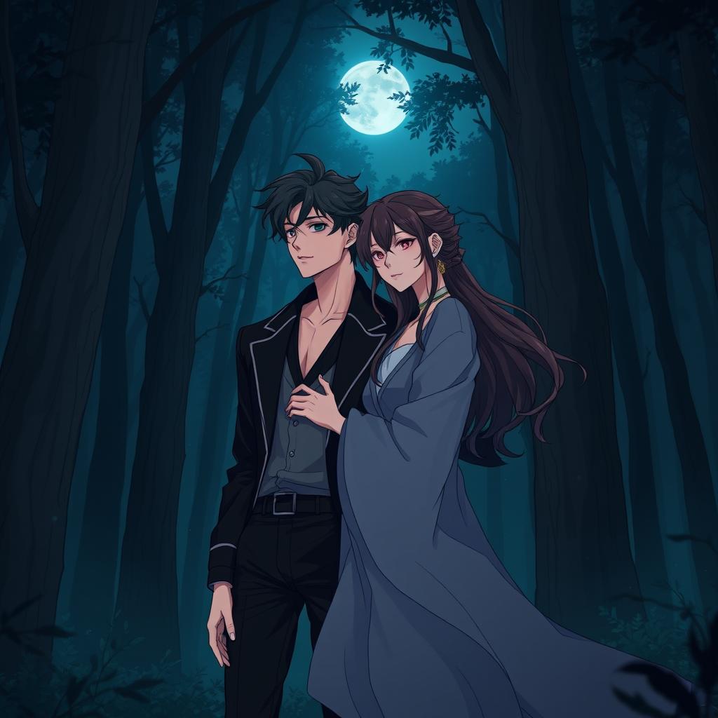 Taehyung and Jungkook from BTS as an anime style couple in a dark forest, portrayed as an alpha and omega dynamic