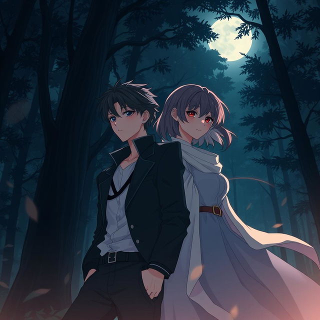 Taehyung and Jungkook from BTS as an anime style couple in a dark forest, portrayed as an alpha and omega dynamic