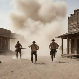 Dramatic scene of a gunfight in an old American West town, with gruff cowboys taking cover behind wooden structures, dust swirling around and tense atmosphere.