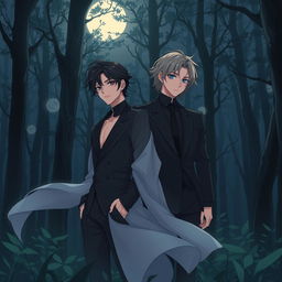 Taehyung and Jungkook from BTS as an anime style couple in a dark forest, portrayed as an alpha and omega dynamic