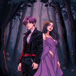 Taehyung and Jungkook from BTS depicted as a comic-style couple in a dark forest, embodying an alpha and omega dynamic