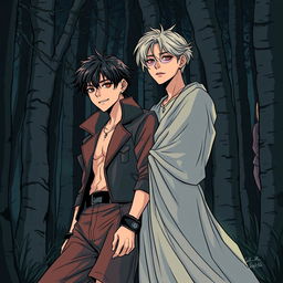 Taehyung and Jungkook from BTS depicted as a comic-style couple in a dark forest, embodying an alpha and omega dynamic