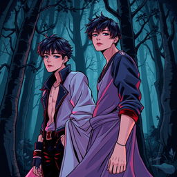 Taehyung and Jungkook from BTS depicted as a comic-style couple in a dark forest, embodying an alpha and omega dynamic