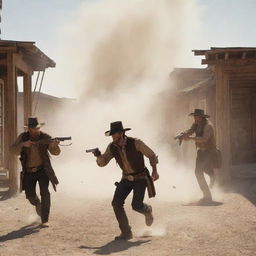 Dramatic scene of a gunfight in an old American West town, with gruff cowboys taking cover behind wooden structures, dust swirling around and tense atmosphere.