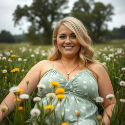 A breathtaking curvy 40-year-old blonde woman with a big smile and hazel eyes lies in a grass field full of dandelions