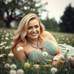 A breathtaking curvy 40-year-old blonde woman with a big smile and hazel eyes lies in a grass field full of dandelions