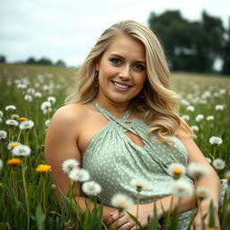 A breathtaking curvy 40-year-old blonde woman with a big smile and hazel eyes lies in a grass field full of dandelions