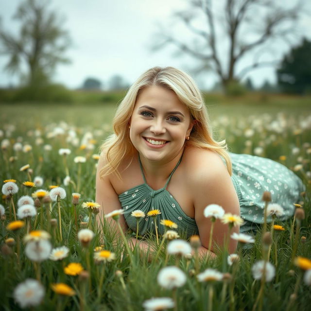 A breathtaking curvy 40-year-old blonde woman with a big smile and hazel eyes lies in a grass field full of dandelions