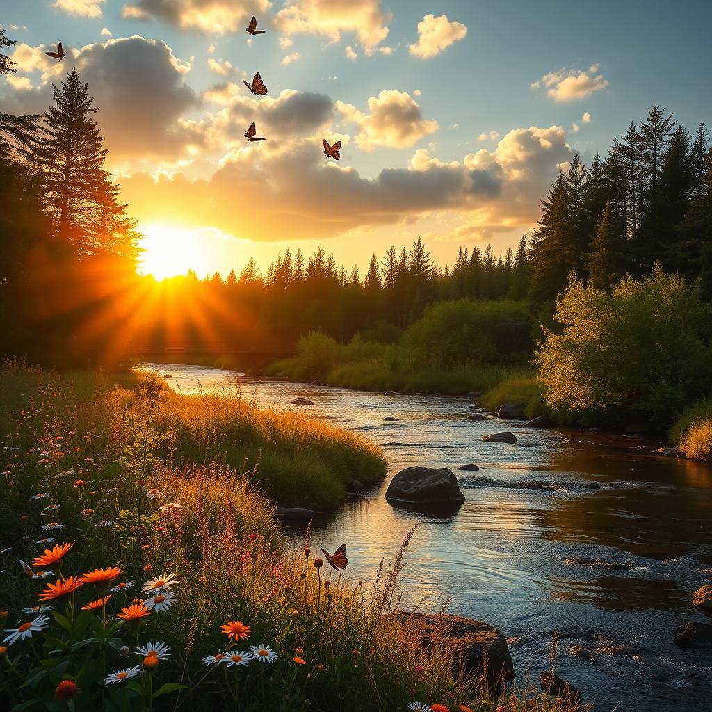 A serene landscape featuring a gentle river flowing through a lush forest, illuminated by the soft golden hues of a setting sun