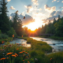 A serene landscape featuring a gentle river flowing through a lush forest, illuminated by the soft golden hues of a setting sun