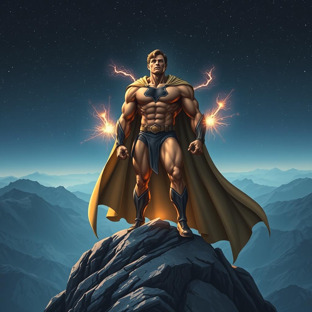 A majestic and powerful superhero figure standing on a mountain peak