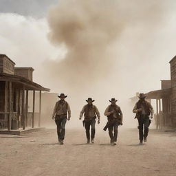 Dramatic scene of a gunfight in an old American West town, with gruff cowboys taking cover behind wooden structures, dust swirling around and tense atmosphere.