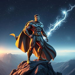 A majestic and powerful superhero figure standing on a mountain peak