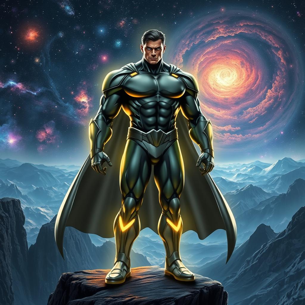 A dominant and commanding superhero figure standing on a cliff, exuding an aura of supreme power and confidence