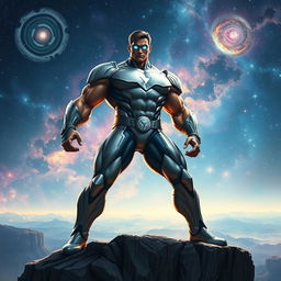 A dominant and commanding superhero figure standing on a cliff, exuding an aura of supreme power and confidence