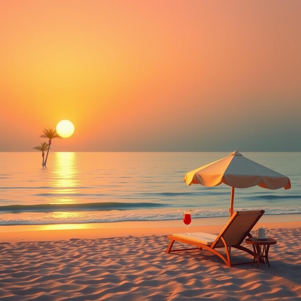 a serene landscape featuring a tranquil beach at sunset, where the golden rays of the setting sun reflect on the calm waters, sparse palm trees gently swaying in the breeze, and soft waves lapping at the shore