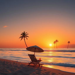 a serene landscape featuring a tranquil beach at sunset, where the golden rays of the setting sun reflect on the calm waters, sparse palm trees gently swaying in the breeze, and soft waves lapping at the shore