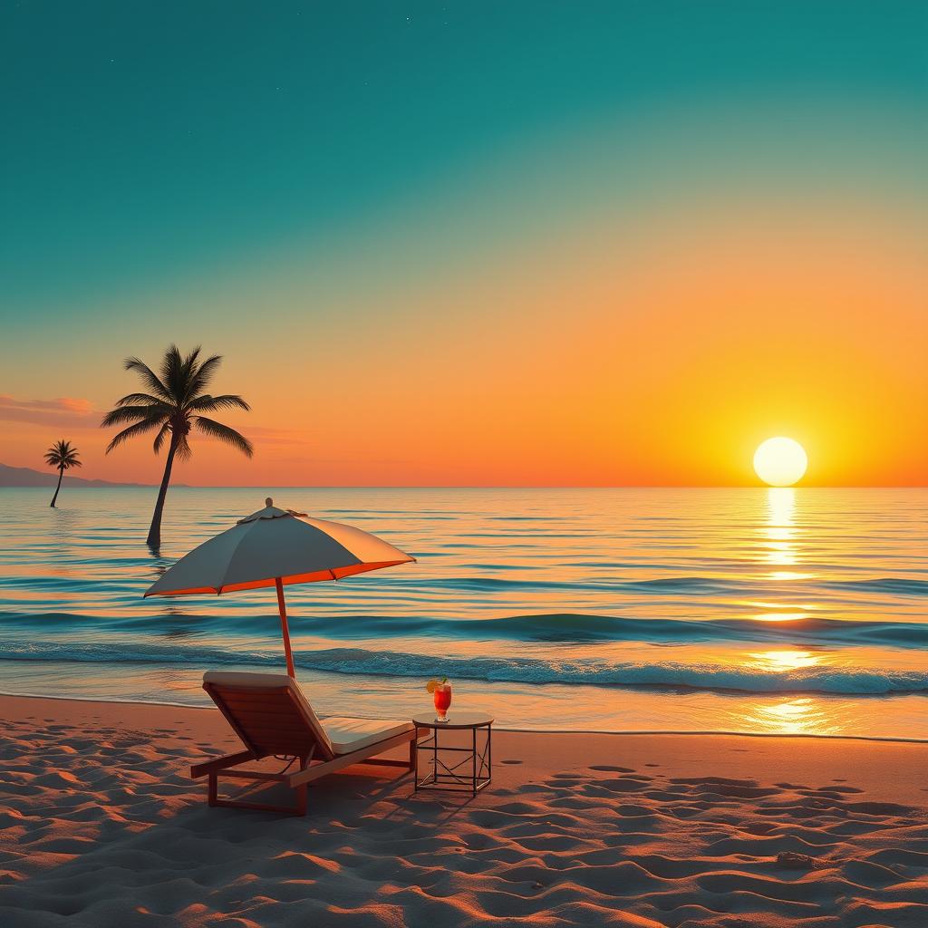 a serene landscape featuring a tranquil beach at sunset, where the golden rays of the setting sun reflect on the calm waters, sparse palm trees gently swaying in the breeze, and soft waves lapping at the shore