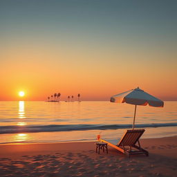 a serene landscape featuring a tranquil beach at sunset, where the golden rays of the setting sun reflect on the calm waters, sparse palm trees gently swaying in the breeze, and soft waves lapping at the shore