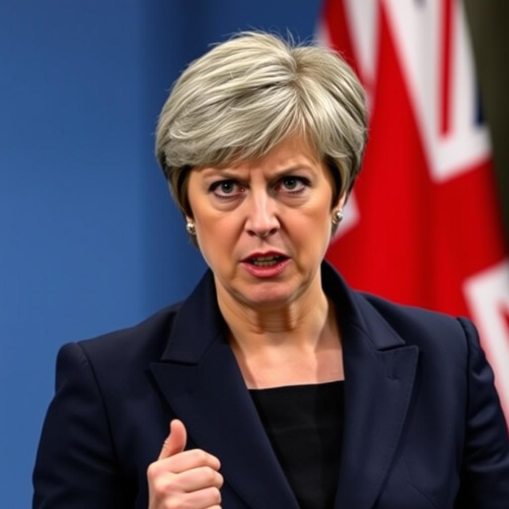 a woman representing a prime minister in the UK, dressed in a professional business suit, with an angry expression on her face