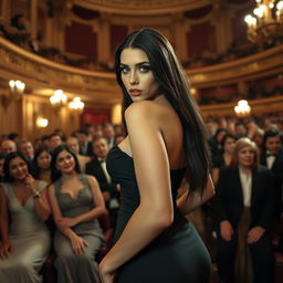 A beautiful and sexy actress with long black hair and striking blue eyes enters a crowded theater with a startled expression