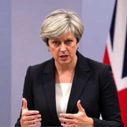 a woman representing a prime minister in the UK, dressed in a professional business suit, with an angry expression on her face