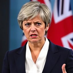 a woman representing a prime minister in the UK, dressed in a professional business suit, with an angry expression on her face