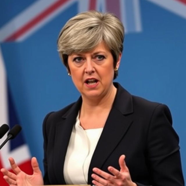 a woman representing a prime minister in the UK, dressed in a professional business suit, with an angry expression on her face