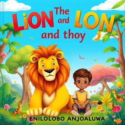 A vibrant and enchanting children's storybook cover titled 'The Lion and the Boy' by ENILOLOBO ANJOLAOLUWA