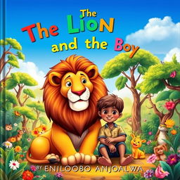 A vibrant and enchanting children's storybook cover titled 'The Lion and the Boy' by ENILOLOBO ANJOLAOLUWA