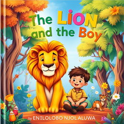 A vibrant and enchanting children's storybook cover titled 'The Lion and the Boy' by ENILOLOBO ANJOLAOLUWA