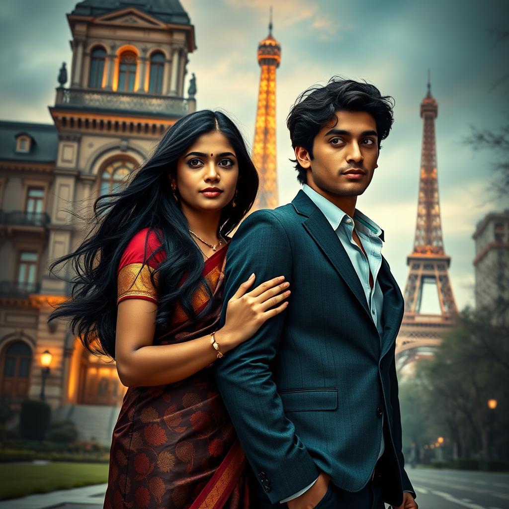 A captivating and dramatic novel cover featuring Lakshmi, a Sri Lankan girl, and Matteo, her Italian boyfriend, standing together in an enchanting Parisian setting