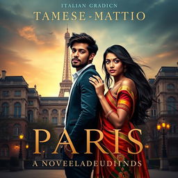 A captivating and dramatic novel cover featuring Lakshmi, a Sri Lankan girl, and Matteo, her Italian boyfriend, standing together in an enchanting Parisian setting