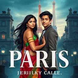 A captivating and dramatic novel cover featuring Lakshmi, a Sri Lankan girl, and Matteo, her Italian boyfriend, standing together in an enchanting Parisian setting