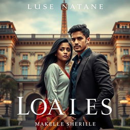 A captivating and dramatic novel cover featuring Lakshmi, a Sri Lankan girl, and Matteo, her Italian boyfriend, standing together in an enchanting Parisian setting