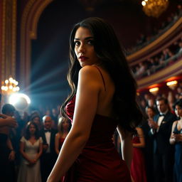 Front view of a beautiful and sexy actress with long black hair entering a crowded theater