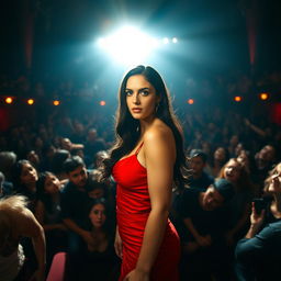 Point of view from the audience of a young and sexy actress dressed in a provocative red dress with long black hair, showing a hint of nervousness