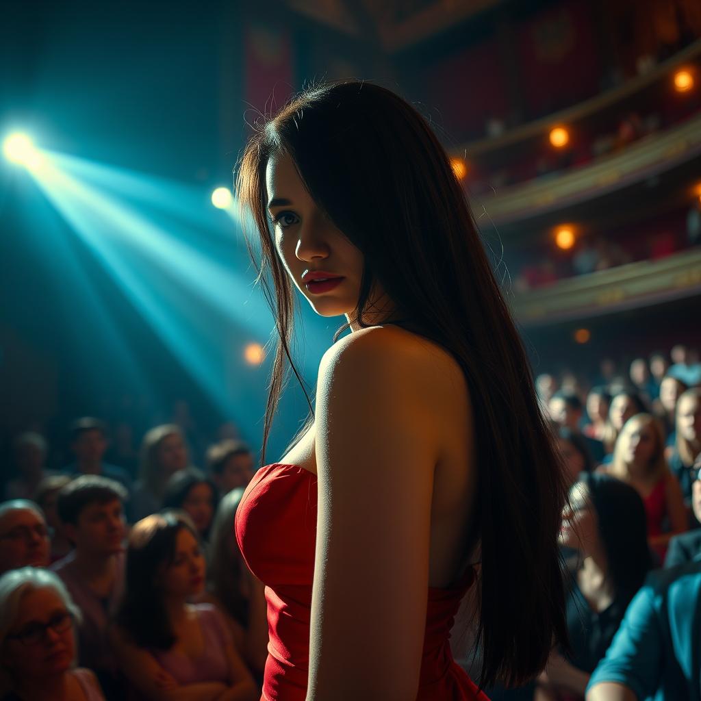 Point of view from the audience of a young and sexy actress dressed in a provocative red dress with long black hair, showing a hint of nervousness